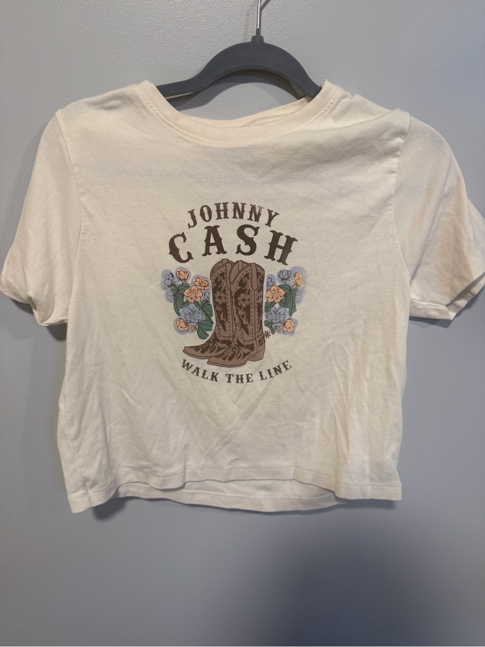 Johnny Cash “Walk the Line” Graphic Crop Tee | Western Boots Floral | XL | NWOT